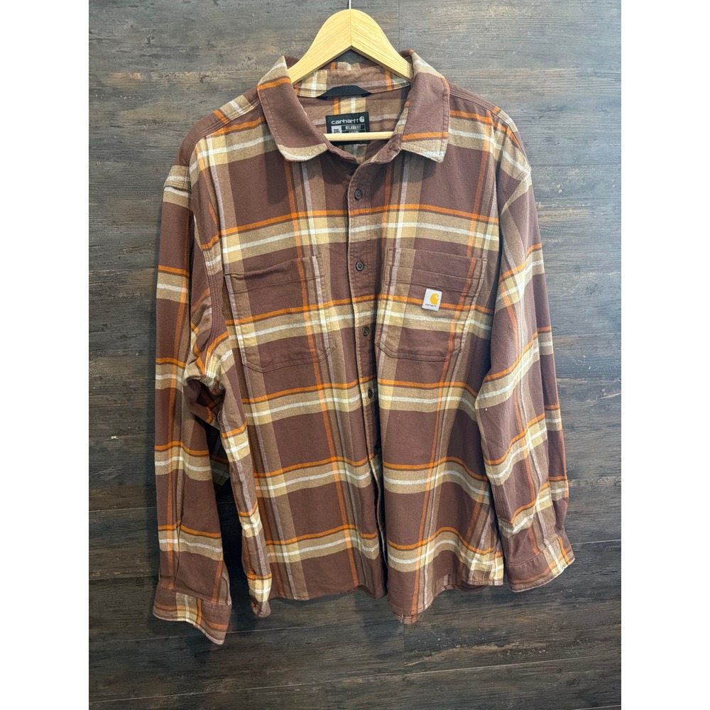 Carhartt Mens Relaxed Fit Plaid Flannel Shirt Brown Orange TW5945-M 2XL